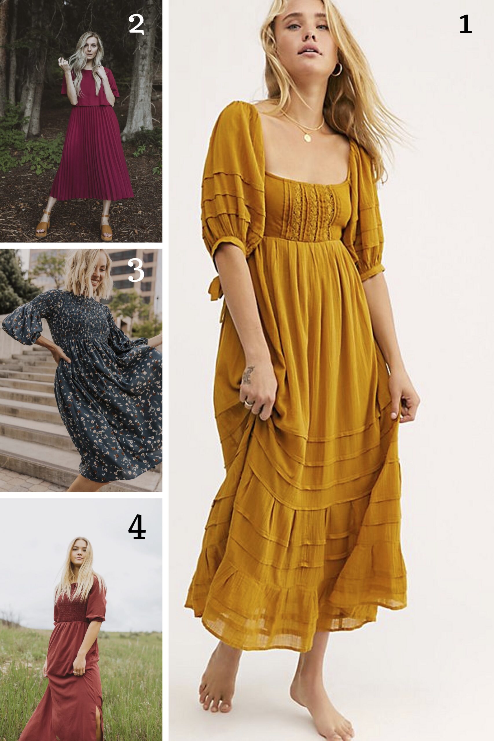 1. Yellow Free People Dress || 2. Burgundy Bib Dress || 3. Blue Smocked Dress || 4. Ruffle Maxi dress